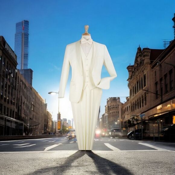 MEN'S ROYAL DIAMOND 3 PIECE SOLID IVORY 1 BUTTON VESTED SHAWL TUXEDO. TU-5. - Picture 1 of 2